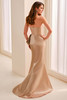 Back view of Cameron Blake CB454 butterscotch liquid satin mother dress