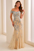 Front view of Cameron Blake CB792 champagne and aqua lace mother dress