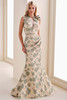 Front view of Cameron Blake CB821 sage and gold brocade mother dress