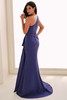 Back view of Cameron Blake CB822 delphinium crepe fit-and-flare gown