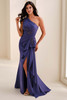 Front view of Cameron Blake CB822 delphinium one-shoulder mother dress