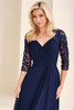 Close-up of Cameron Blake CB824 metallic lace sleeves and V-neck bodice