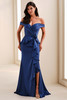 Front view of Cameron Blake CB825 lapis stretch sateen mother dress