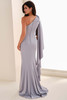 Back view of Cameron Blake CB826 silver crepe gown with cape sleeve