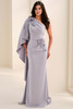Front view of Cameron Blake CB826 silver one-shoulder mother dress