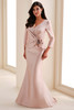 Front view of Cameron Blake CB830 champagne Mikado mother dress