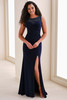 Front view of Cameron Blake CB833 navy blue mother dress
