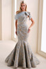Front view of aqua Ivonne D ID1201 brocade trumpet mother dress