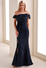 Front view of navy blue Ivonne D ID1204 brocade fit and flare mother dress