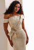 Close-up of gold Ivonne D ID1204 asymmetrical neckline and floral waist detail