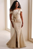 Front view of gold Ivonne D ID1204 brocade fit and flare mother dress