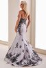 Back view of silver Ivonne D ID1205 mermaid gown with metallic lace appliqué