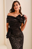 Close-up of black Ivonne D ID2201 sweetheart bodice with Mikado draping