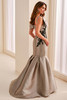 Side back view of taupe black Ivonne D ID2202 trumpet gown