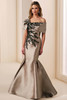 Front view of taupe black Ivonne D ID2202 Mikado trumpet mother dress