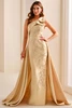 Front view of honey Ivonne D ID2207 Mikado sheath mother dress with overskirt