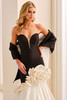 Front view of black ivory Ivonne D ID2209 gown with matching pique shawl