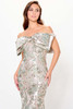 Close-up of Ivonne D ID6203 off-the-shoulder neckline with statement bow