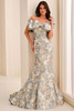 Front view of Ivonne D ID6203 metallic brocade fit and flare mother dress