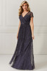 Front view of Christina Wu Elegance 17045 gunmetal sequin mother dress with V-neckline
