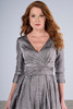Close-up of pleated wrap bodice on Christina Wu Elegance 17193 brocade dress