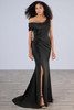 Front view of Christina Wu Elegance 17204 black fitted mother dress with side slit
