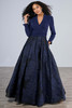 Front view of Christina Wu Elegance 17205 navy A-line gown with textured organza skirt