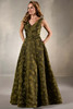 Front view of Christina Wu Elegance 17218 chartreuse and black metallic jacquard gown