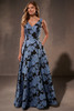 Front view of Christina Wu Elegance 17222 blue and black floral organza mother of the bride dress