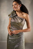 Close-up front view of Christina Wu Elegance 17226 gold metallic brocade one-shoulder bodice