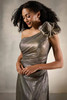 Close-up front view of Christina Wu Elegance 17228 sculptural one-shoulder floral detail