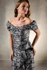 Close-up front view of Christina Wu Elegance 17230 off-the-shoulder brocade bodice with cascading ruffle