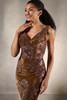 Close-up of V-neckline and botanical beaded velvet on Christina Wu Elegance 17231