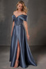 Front view of Christina Wu Elegance 17258 slate Mikado mother of the bride dress with front slit.