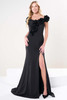 Front view of Christina Wu Elegance 17260 black crepe mother of the bride dress with floral neckline detail.