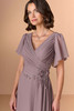 Close-up of Christina Wu Elegance 17266 dusty rose beaded waist and flutter sleeves.