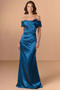 Front view of Christina Wu Elegance 17269 teal charmeuse mother of the bride dress with bow detail.