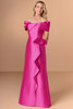 Front view of Christina Wu Elegance 17276 fuchsia Mikado mother of the bride dress with cascading ruffle.