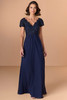 Front view of Christina Wu Elegance 17288 navy chiffon and lace mother of the bride dress.