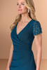 Close-up of Christina Wu Elegance 17291 V-neckline with beaded short sleeves.