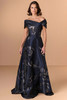 Front view of Christina Wu Elegance 17295 navy and silver floral organza mother of the bride dress.