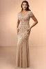 Front view of Christina Wu Elegance 17298 champagne beaded mesh mother of the bride dress.