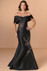 Front view of Christina Wu Elegance 17301 black Mikado fit-and-flare mother of the bride dress.