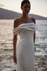 Close-up of the Amarella draped satin neckline and fitted silhouette
