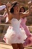 Bride wearing Elvania mini wedding dress with 3D organza flower skirt