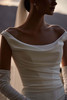 Close-up of Ilenia draped cowl neckline and Italian satin bodice
