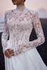 Close-up of Soreya high neckline and lace basque-waist corset