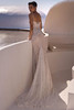Side view of Velour dress with sculpted corset bodice and pearl straps
