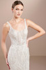 Close-up of Christina Wu 15867 shimmering bodice with beaded lace and 3D floral appliqués