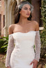 Close-up of Christina Wu 15936 draped neckline, beaded sleeves, and pearl illusion side panels